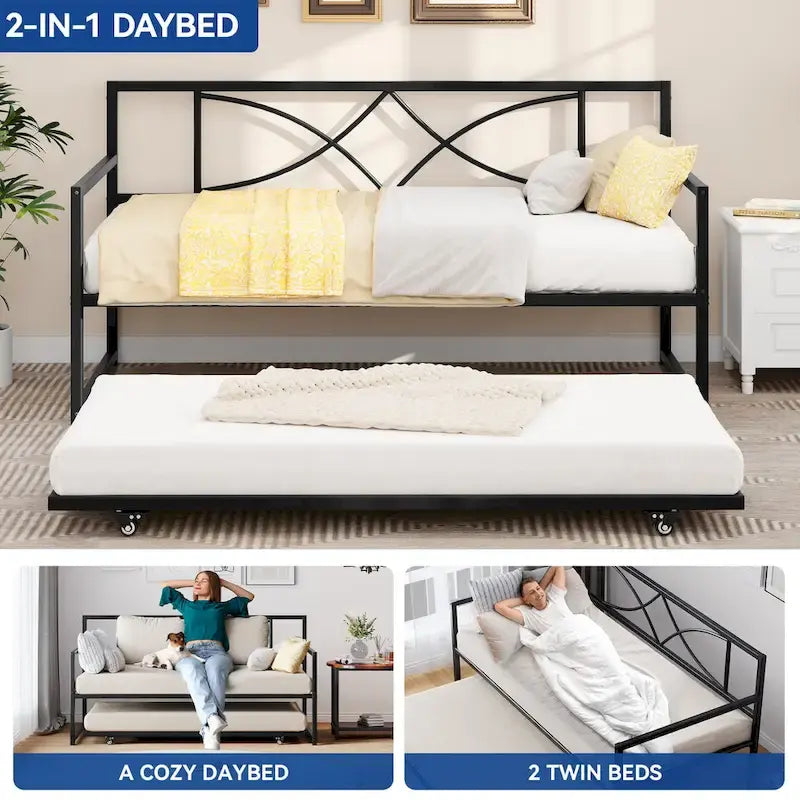 Twin Metal Daybed with Pull-Out Trundle – Adjustable Height & Dual Headboards