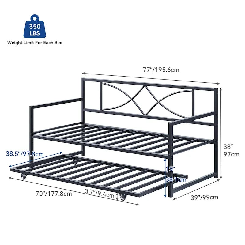 Twin Metal Daybed with Pull-Out Trundle – Adjustable Height & Dual Headboards