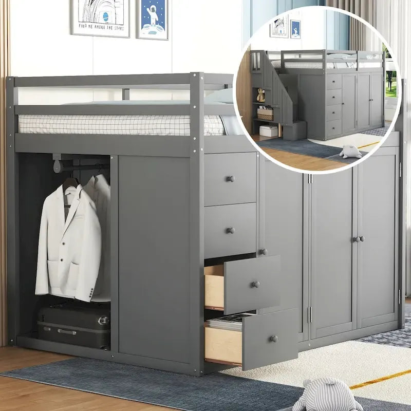 Full Size Wood Loft Bed – Built-in Wardrobe, 4 Drawers, Storage Compartments & Staircase