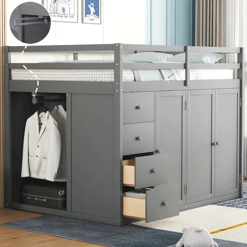 Full Size Wood Loft Bed – Built-in Wardrobe, 4 Drawers, Storage Compartments & Staircase