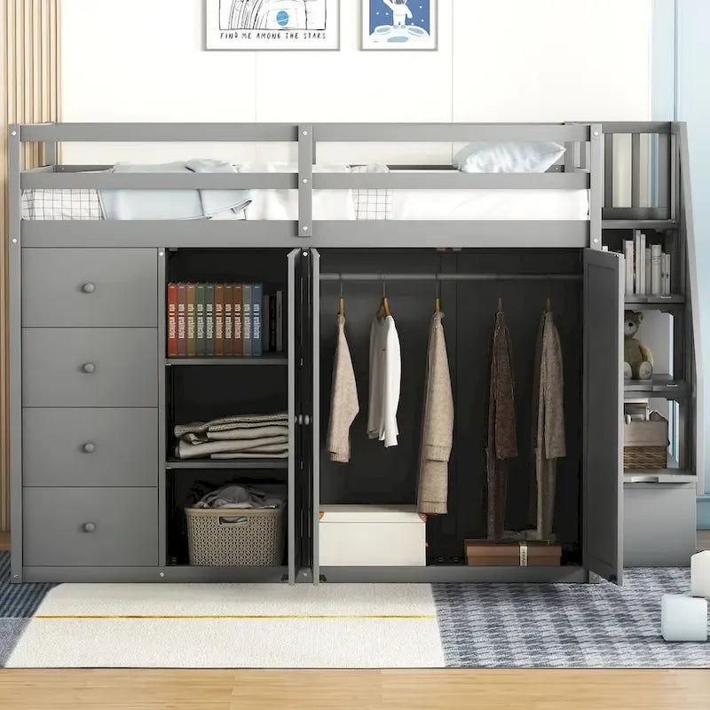 Full Size Wood Loft Bed – Built-in Wardrobe, 4 Drawers, Storage Compartments & Staircase