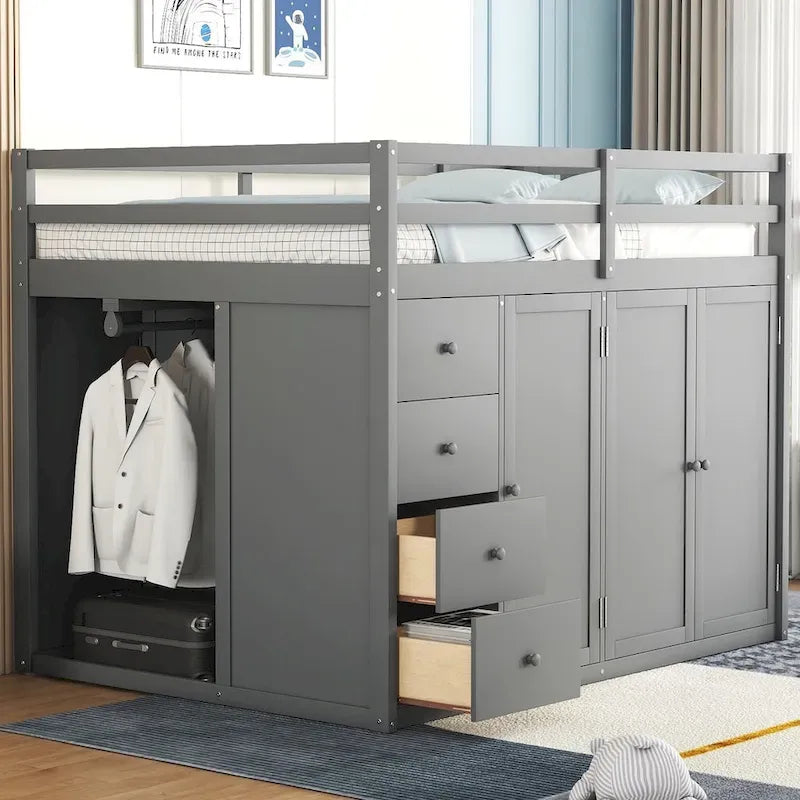 Full Size Wood Loft Bed – Built-in Wardrobe, 4 Drawers, Storage Compartments & Staircase
