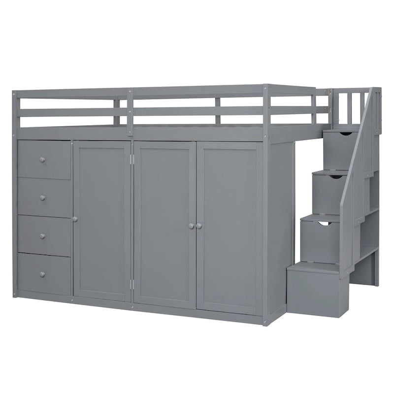Full Size Wood Loft Bed – Built-in Wardrobe, 4 Drawers, Storage Compartments & Staircase