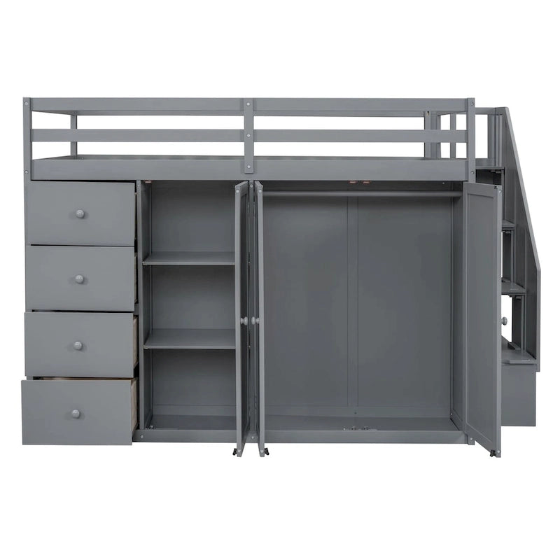 Full Size Wood Loft Bed – Built-in Wardrobe, 4 Drawers, Storage Compartments & Staircase