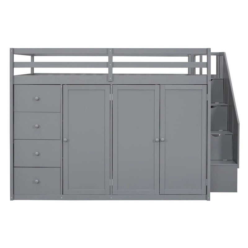 Full Size Wood Loft Bed – Built-in Wardrobe, 4 Drawers, Storage Compartments & Staircase