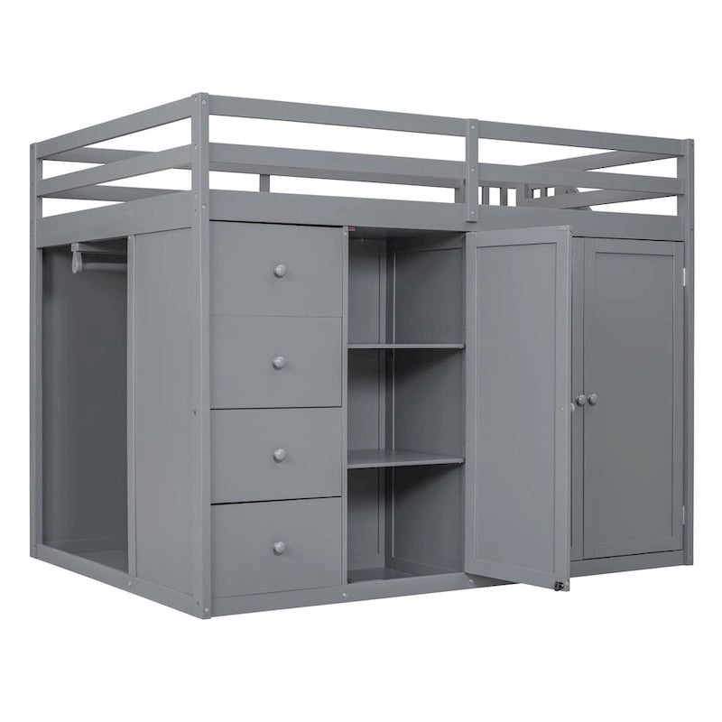 Full Size Wood Loft Bed – Built-in Wardrobe, 4 Drawers, Storage Compartments & Staircase