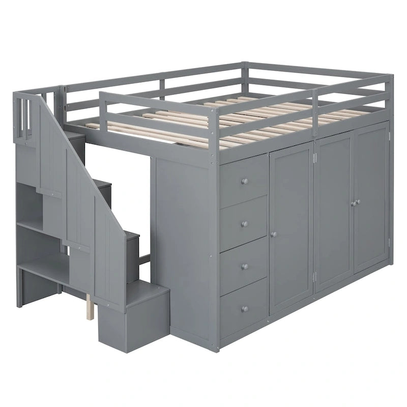 Full Size Wood Loft Bed – Built-in Wardrobe, 4 Drawers, Storage Compartments & Staircase