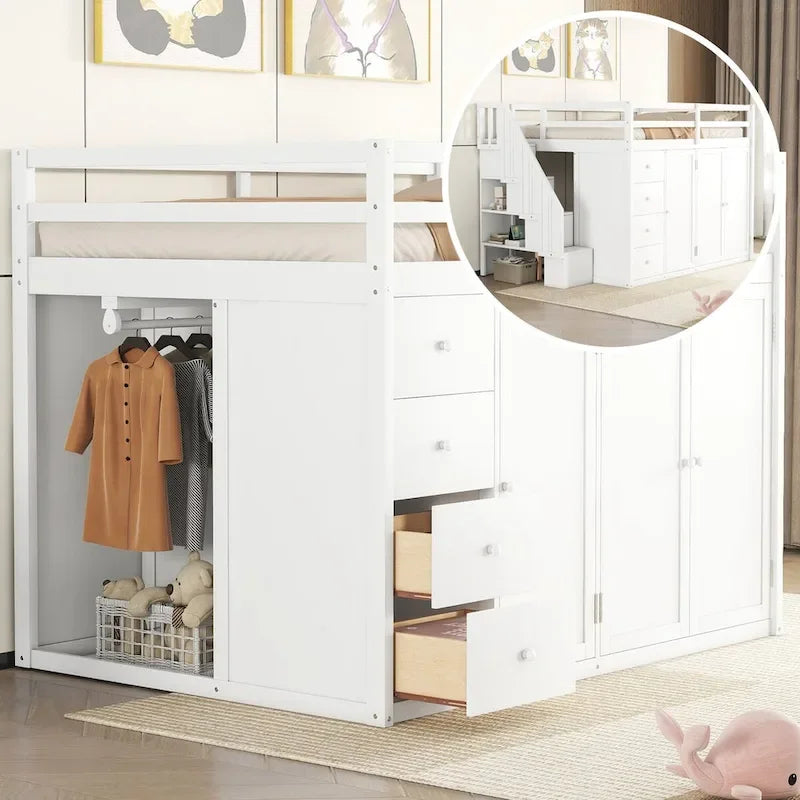 Full Size Wood Loft Bed – Built-in Wardrobe, 4 Drawers, Storage Compartments & Staircase