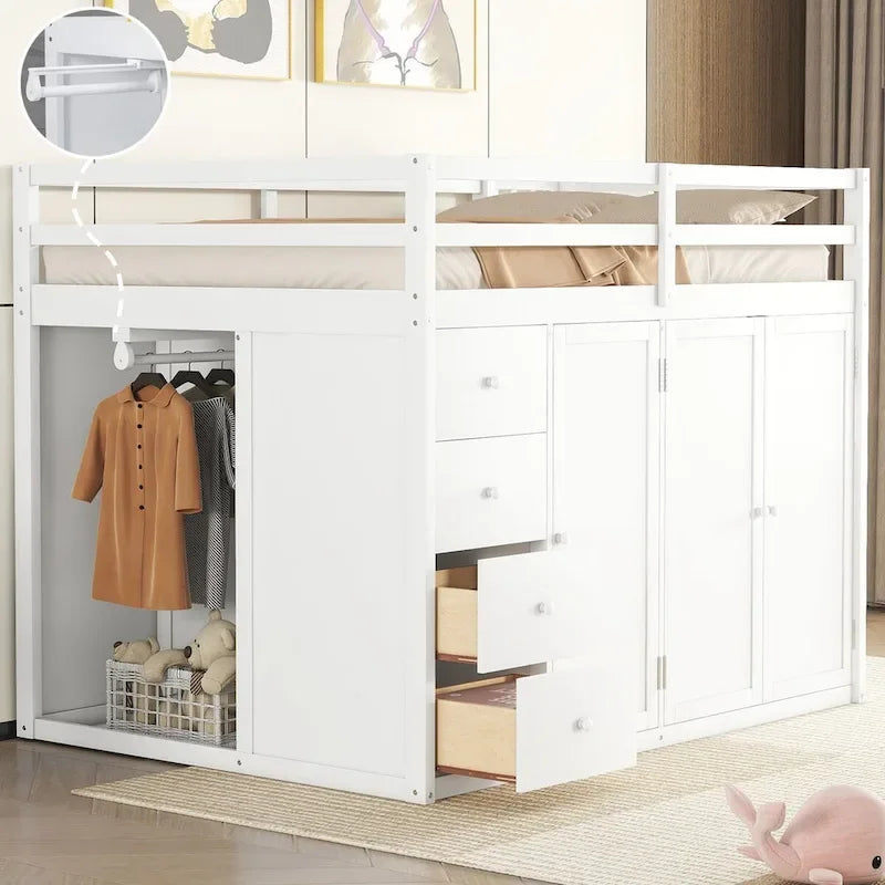 Full Size Wood Loft Bed – Built-in Wardrobe, 4 Drawers, Storage Compartments & Staircase