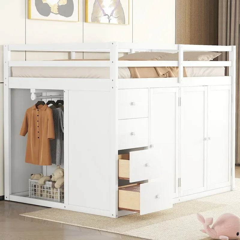 Full Size Wood Loft Bed – Built-in Wardrobe, 4 Drawers, Storage Compartments & Staircase