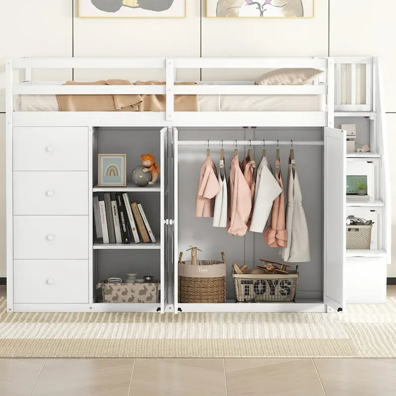 Full Size Wood Loft Bed – Built-in Wardrobe, 4 Drawers, Storage Compartments & Staircase