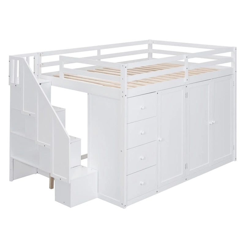 Full Size Wood Loft Bed – Built-in Wardrobe, 4 Drawers, Storage Compartments & Staircase