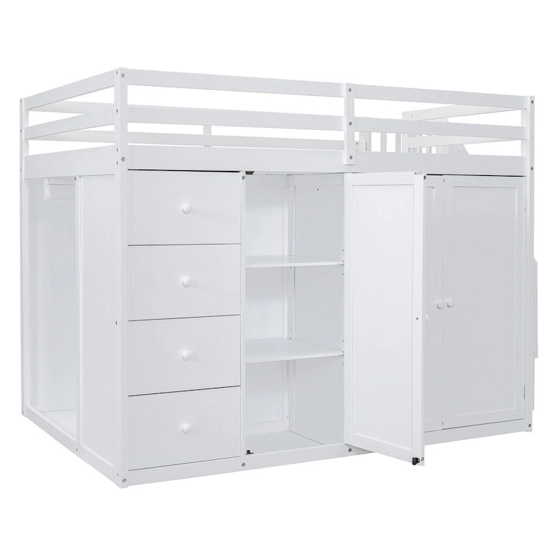 Full Size Wood Loft Bed – Built-in Wardrobe, 4 Drawers, Storage Compartments & Staircase
