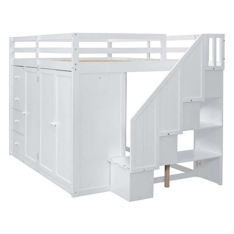 Full Size Wood Loft Bed – Built-in Wardrobe, 4 Drawers, Storage Compartments & Staircase