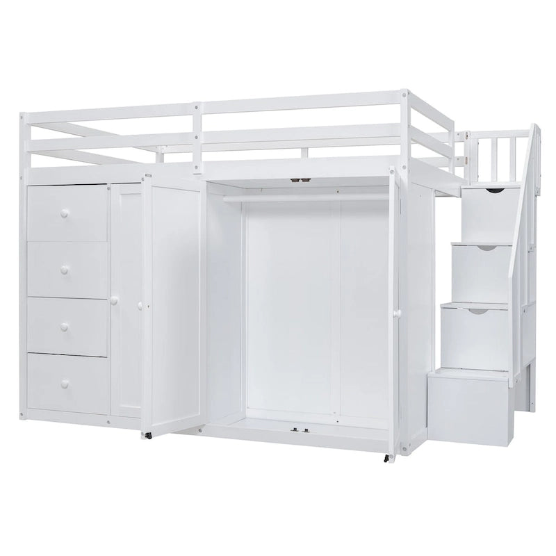 Full Size Wood Loft Bed – Built-in Wardrobe, 4 Drawers, Storage Compartments & Staircase