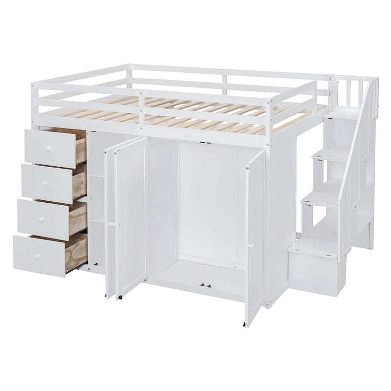 Full Size Wood Loft Bed – Built-in Wardrobe, 4 Drawers, Storage Compartments & Staircase