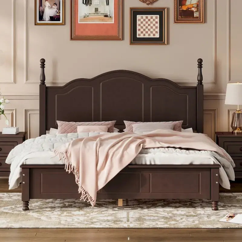 Queen Size Retro Wood Platform Bed – Natural Wood Headboard & 10-Slat Support