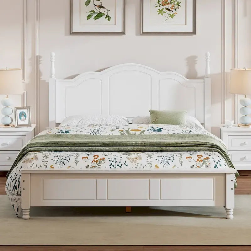 Queen Size Retro Wood Platform Bed – Natural Wood Headboard & 10-Slat Support