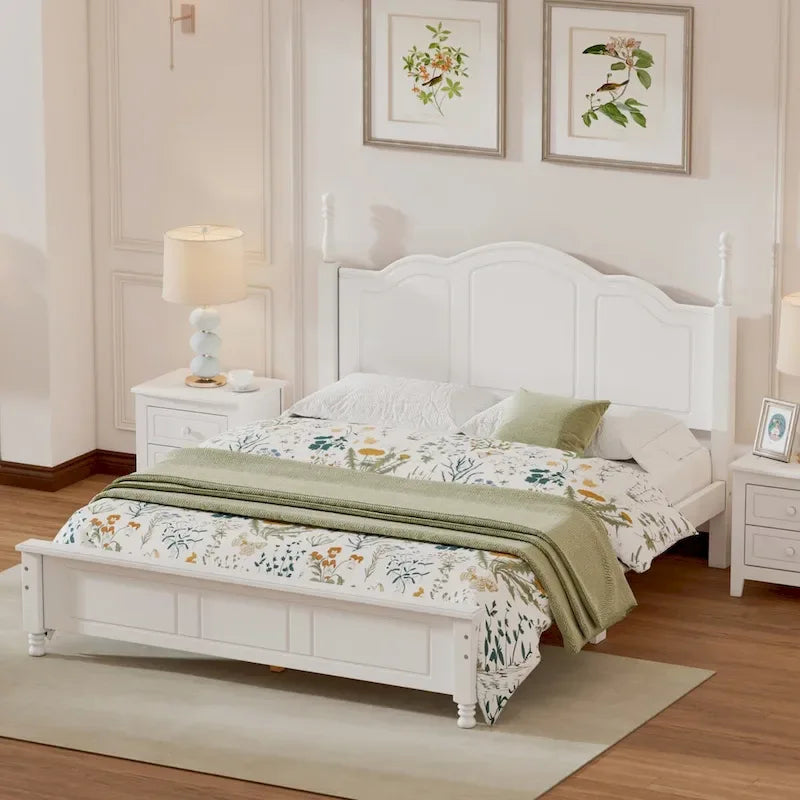 Queen Size Retro Wood Platform Bed – Natural Wood Headboard & 10-Slat Support
