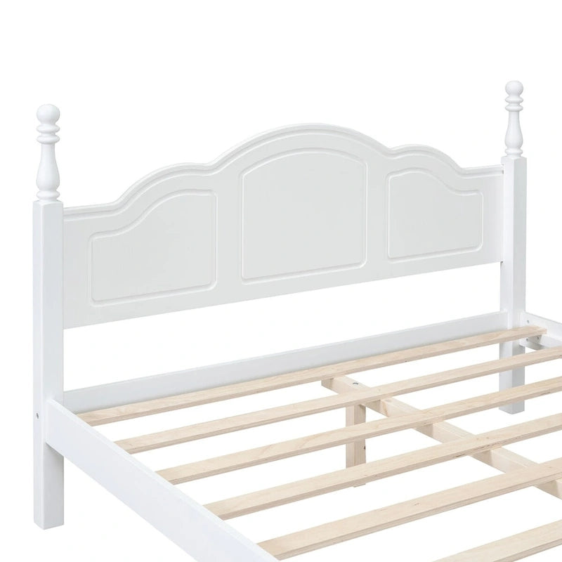 Queen Size Retro Wood Platform Bed – Natural Wood Headboard & 10-Slat Support
