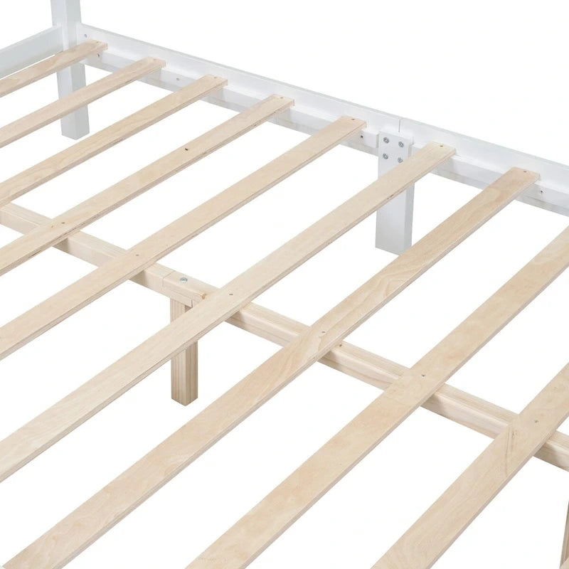 Queen Size Retro Wood Platform Bed – Natural Wood Headboard & 10-Slat Support