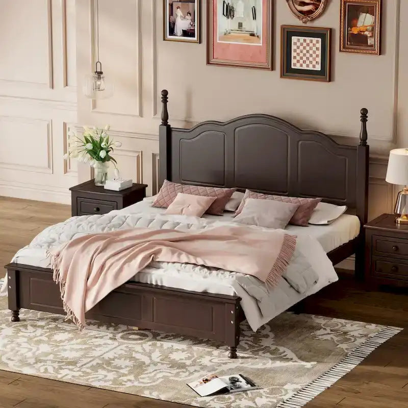 Queen Size Retro Wood Platform Bed – Natural Wood Headboard & 10-Slat Support