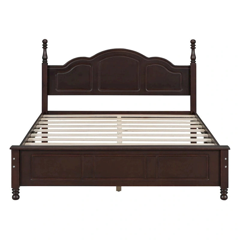 Queen Size Retro Wood Platform Bed – Natural Wood Headboard & 10-Slat Support