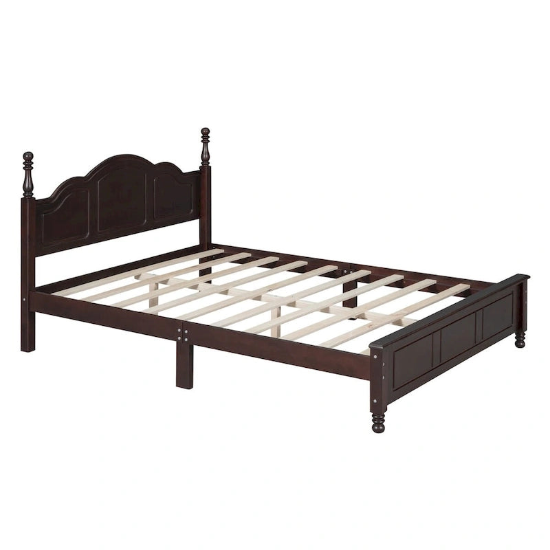 Queen Size Retro Wood Platform Bed – Natural Wood Headboard & 10-Slat Support