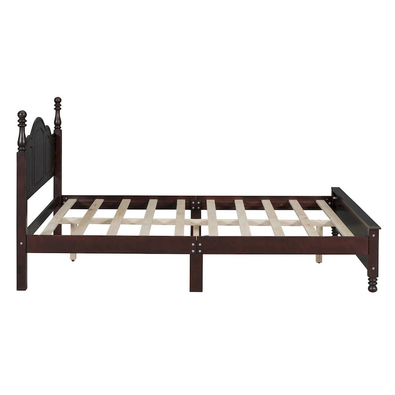 Queen Size Retro Wood Platform Bed – Natural Wood Headboard & 10-Slat Support