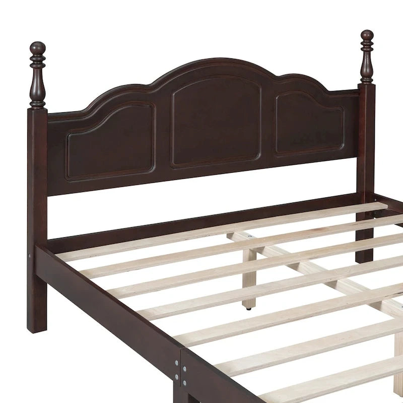 Queen Size Retro Wood Platform Bed – Natural Wood Headboard & 10-Slat Support
