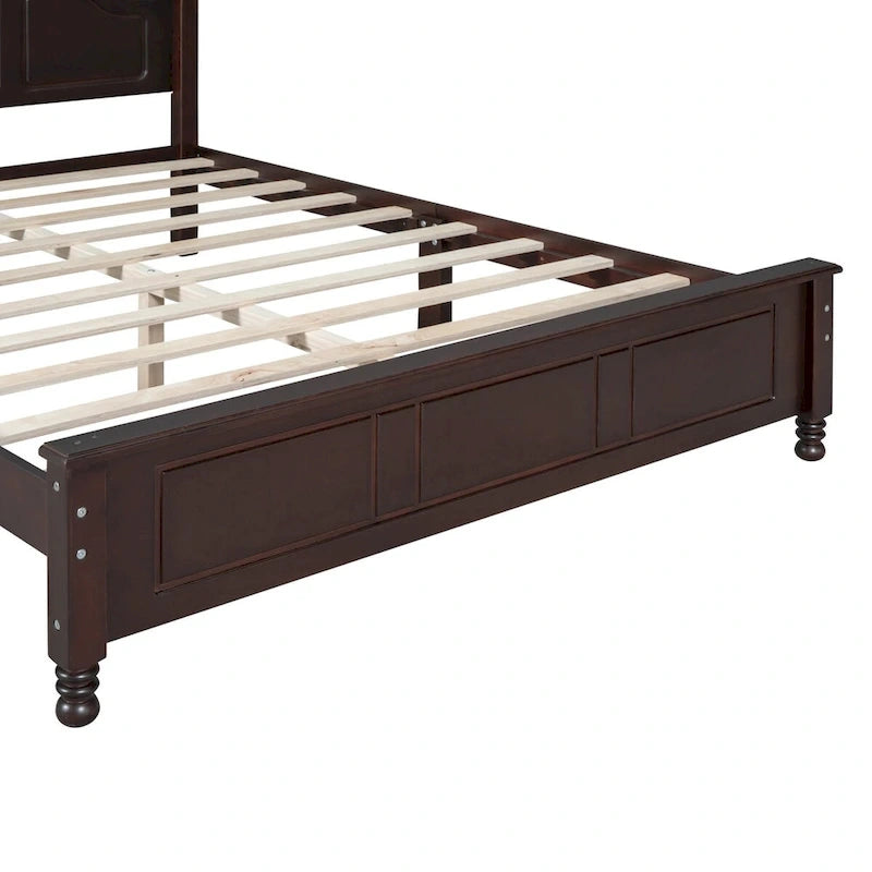 Queen Size Retro Wood Platform Bed – Natural Wood Headboard & 10-Slat Support