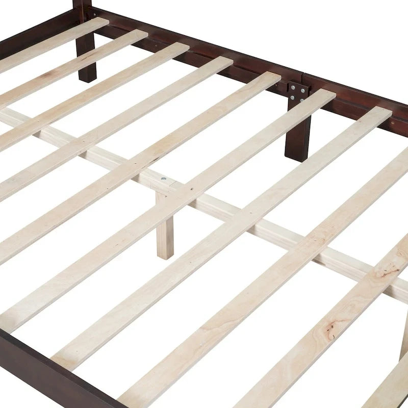 Queen Size Retro Wood Platform Bed – Natural Wood Headboard & 10-Slat Support