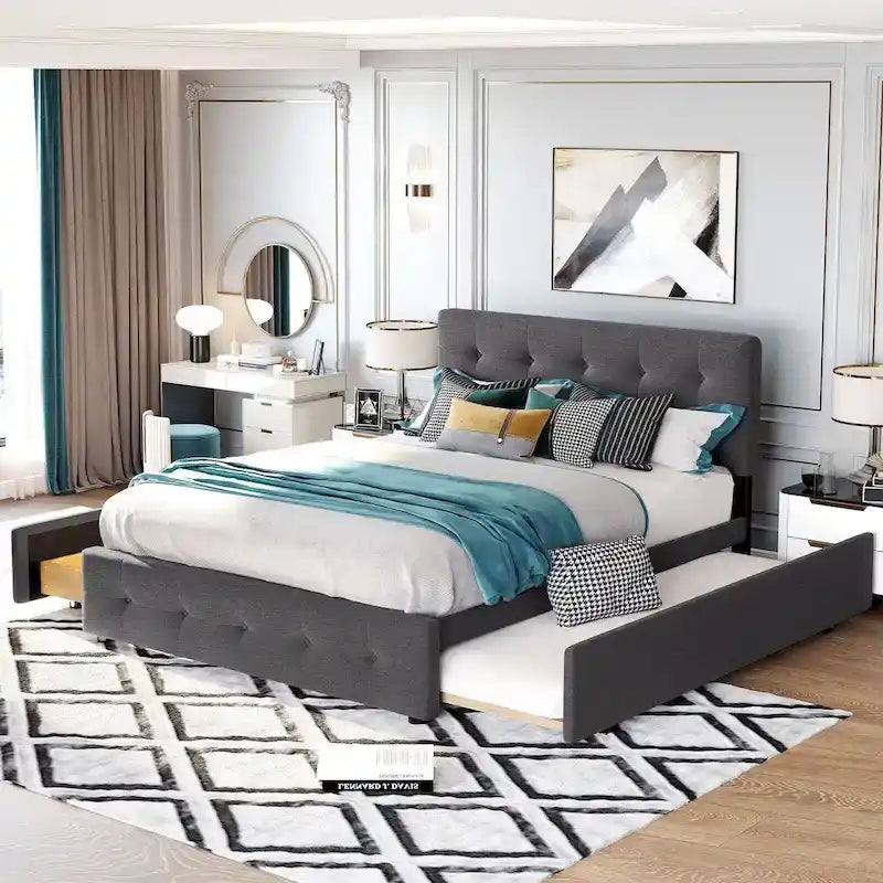 Queen Size Linen Upholstered Platform Bed – Tufted Headboard, 2 Drawers & Twin XL Trundle