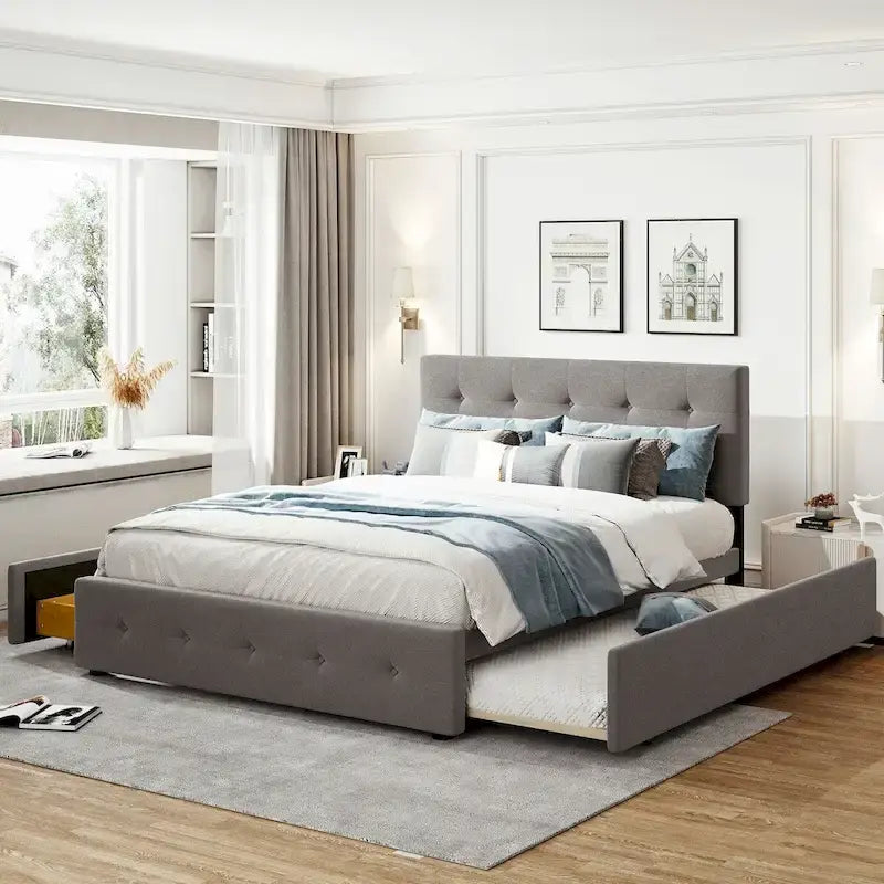 Queen Size Linen Upholstered Platform Bed – Tufted Headboard, 2 Drawers & Twin XL Trundle