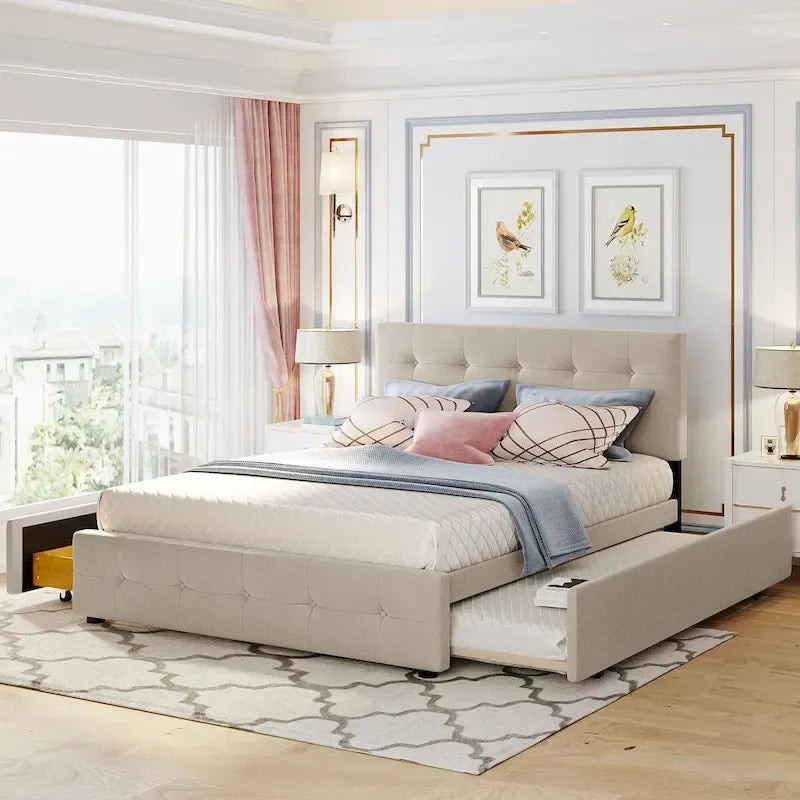 Queen Size Linen Upholstered Platform Bed – Tufted Headboard, 2 Drawers & Twin XL Trundle