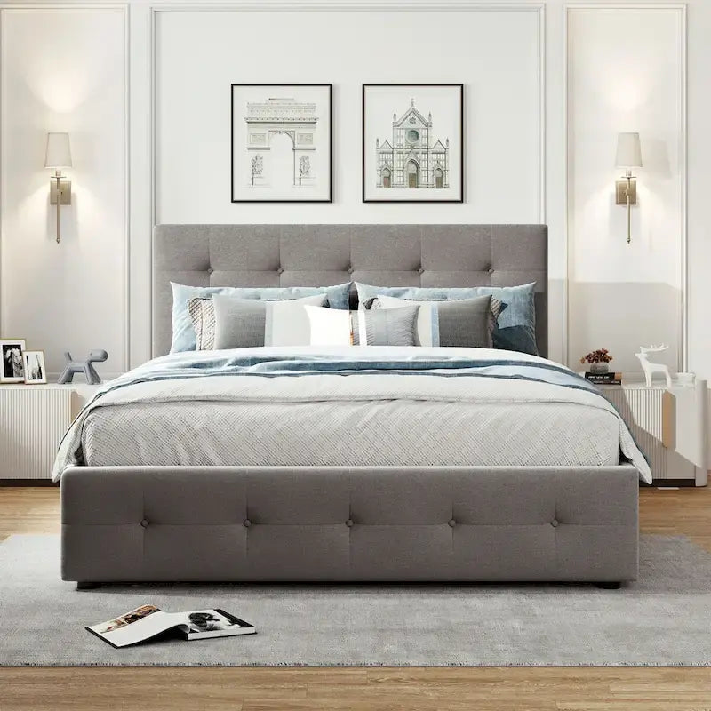Queen Size Linen Upholstered Platform Bed – Tufted Headboard, 2 Drawers & Twin XL Trundle