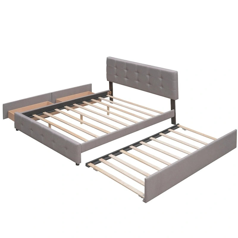 Queen Size Linen Upholstered Platform Bed – Tufted Headboard, 2 Drawers & Twin XL Trundle