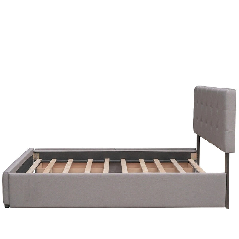 Queen Size Linen Upholstered Platform Bed – Tufted Headboard, 2 Drawers & Twin XL Trundle
