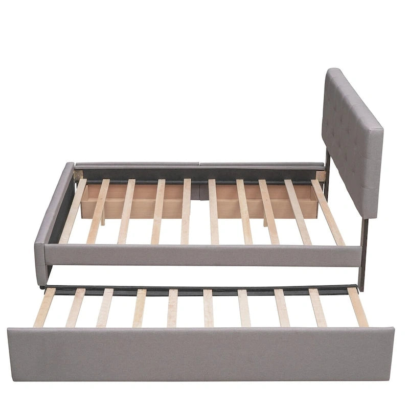 Queen Size Linen Upholstered Platform Bed – Tufted Headboard, 2 Drawers & Twin XL Trundle