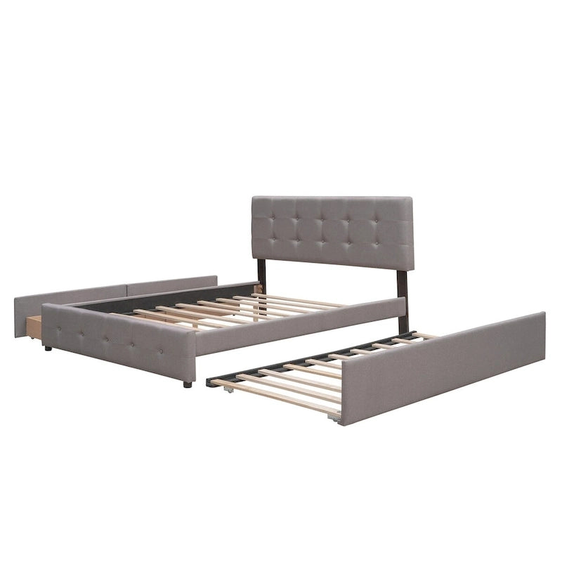 Queen Size Linen Upholstered Platform Bed – Tufted Headboard, 2 Drawers & Twin XL Trundle