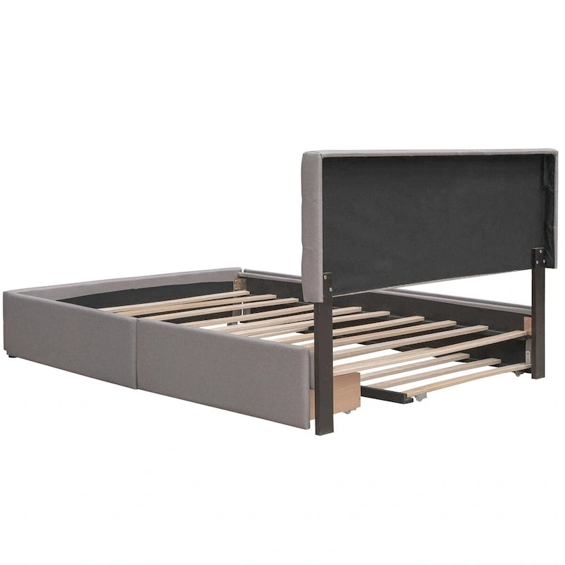 Queen Size Linen Upholstered Platform Bed – Tufted Headboard, 2 Drawers & Twin XL Trundle