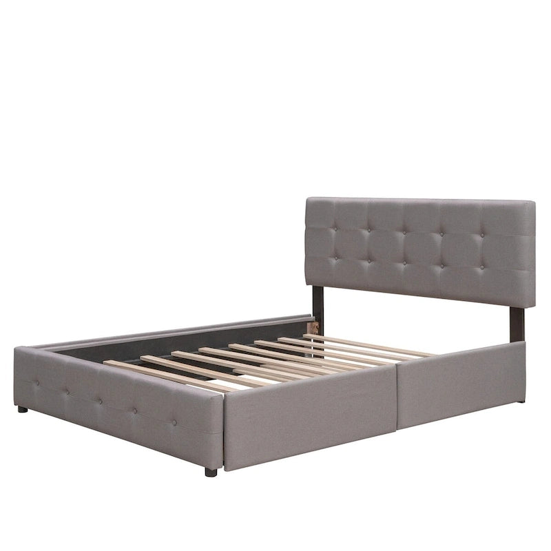Queen Size Linen Upholstered Platform Bed – Tufted Headboard, 2 Drawers & Twin XL Trundle