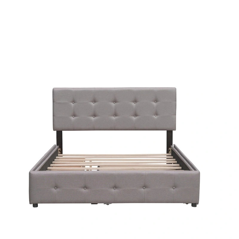 Queen Size Linen Upholstered Platform Bed – Tufted Headboard, 2 Drawers & Twin XL Trundle