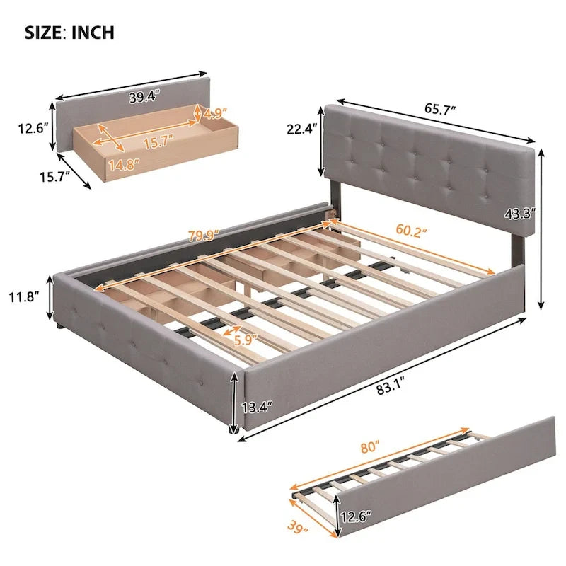 Queen Size Linen Upholstered Platform Bed – Tufted Headboard, 2 Drawers & Twin XL Trundle