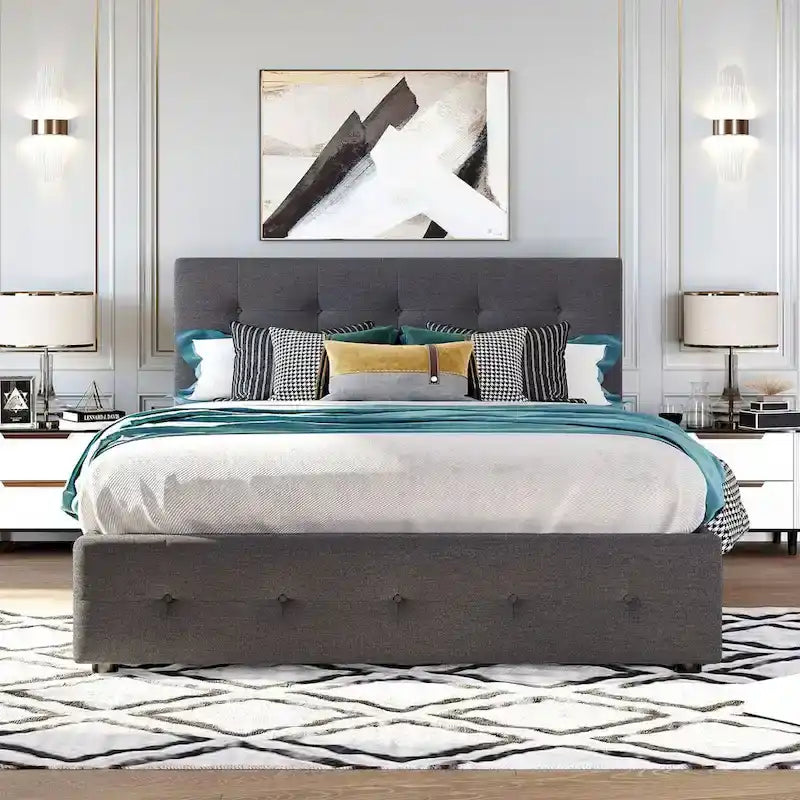 Queen Size Linen Upholstered Platform Bed – Tufted Headboard, 2 Drawers & Twin XL Trundle