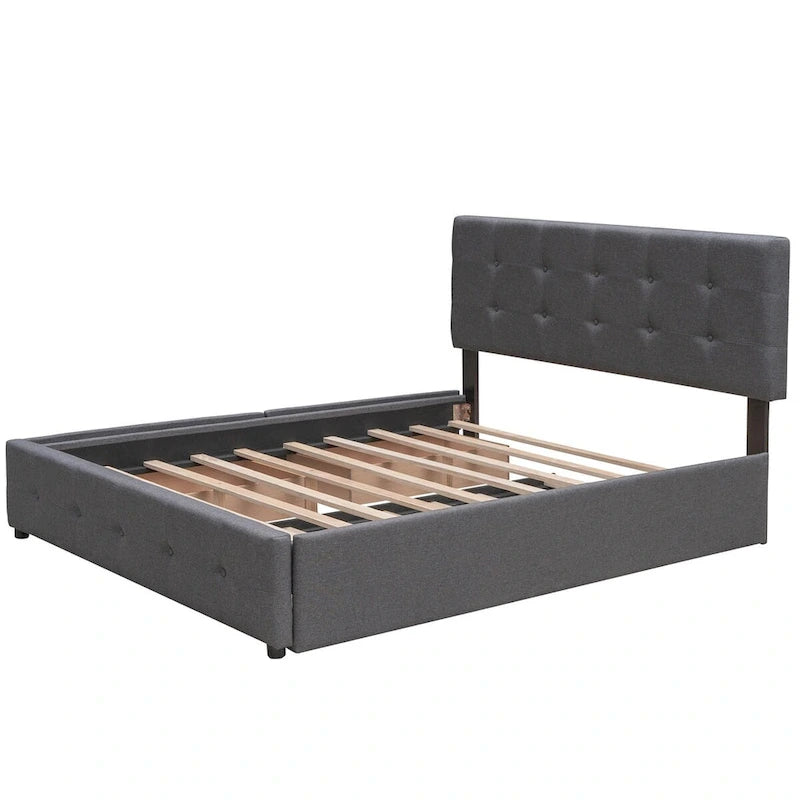 Queen Size Linen Upholstered Platform Bed – Tufted Headboard, 2 Drawers & Twin XL Trundle