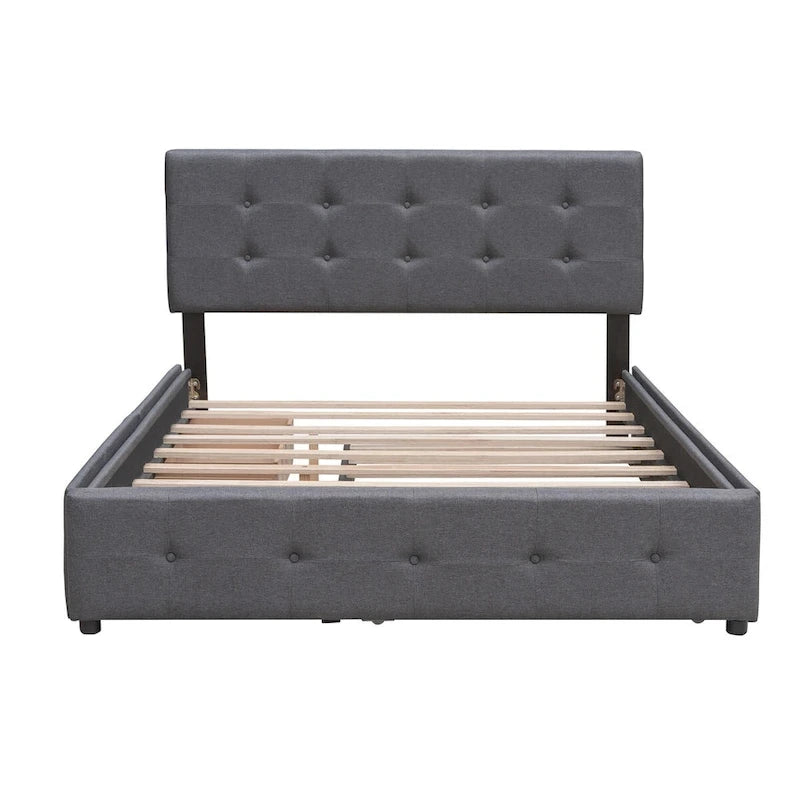 Queen Size Linen Upholstered Platform Bed – Tufted Headboard, 2 Drawers & Twin XL Trundle