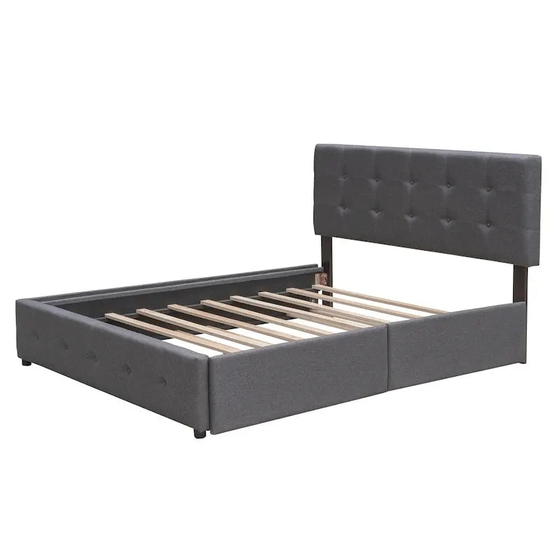 Queen Size Linen Upholstered Platform Bed – Tufted Headboard, 2 Drawers & Twin XL Trundle