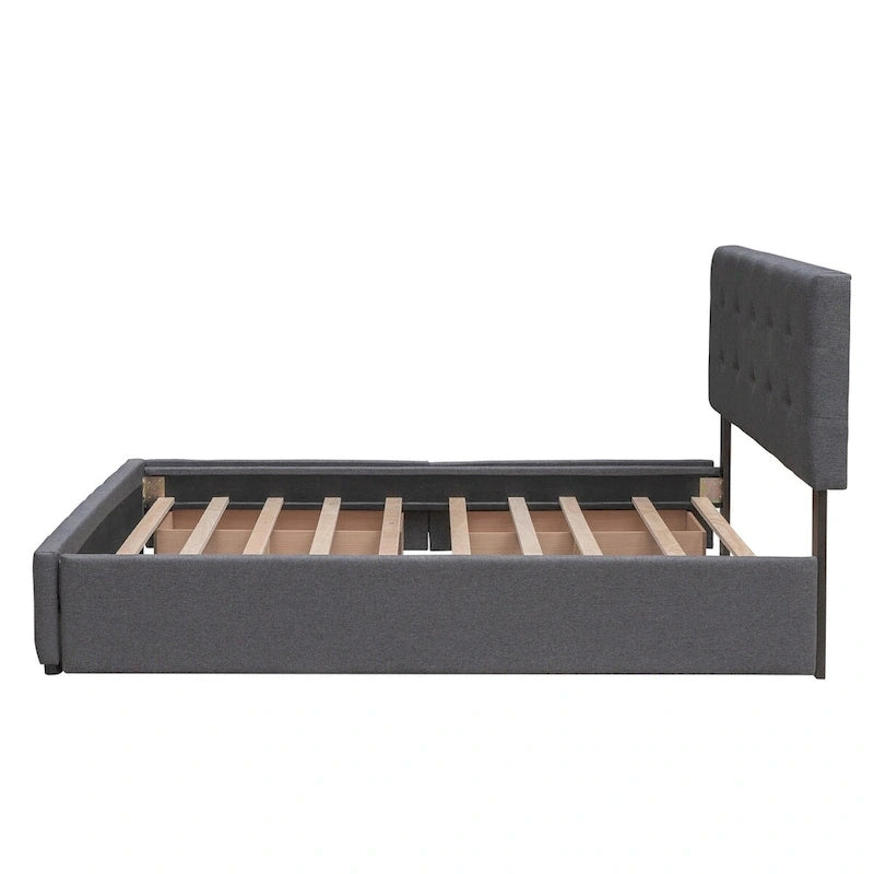 Queen Size Linen Upholstered Platform Bed – Tufted Headboard, 2 Drawers & Twin XL Trundle