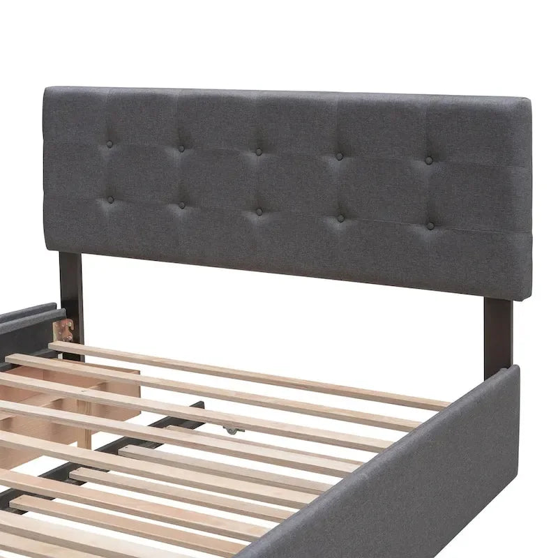 Queen Size Linen Upholstered Platform Bed – Tufted Headboard, 2 Drawers & Twin XL Trundle
